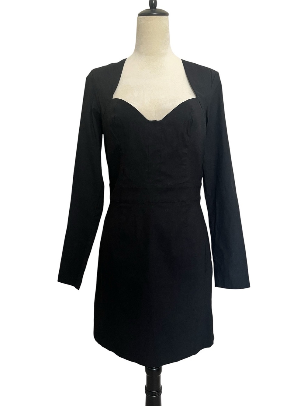 Anthropologie Black Long Sleeve Sweetheart Scalloped Mini Dress Sz 10 Bodycon - Picture 4 of 12